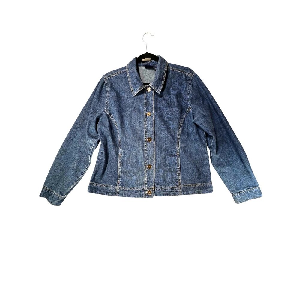 Gloria Vanderbilt Denim Blue Jeans Jacket Paisley Design L Sara Button Close - Picture 1 of 12